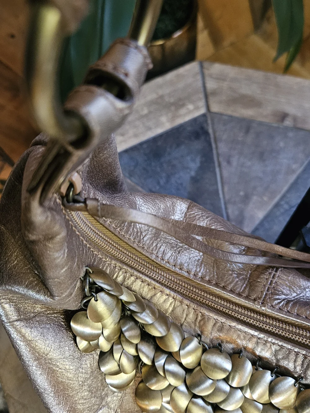 Franco Sarto Metallic Bronze Hobo Bag Coin Trim Slouchy Boho Shoulder Glam Purse